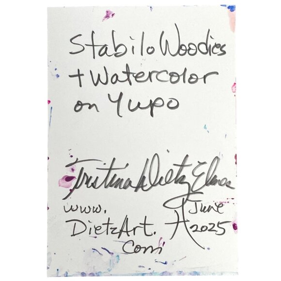 ACEO Original Art Watercolor and Watersoluble Wax Pastel ATC on Yupo Pink Blue - Picture 3 of 3